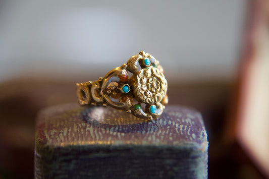 Anello antico "Georgiano"  con turchesi naturali e smalti in oro 18kt